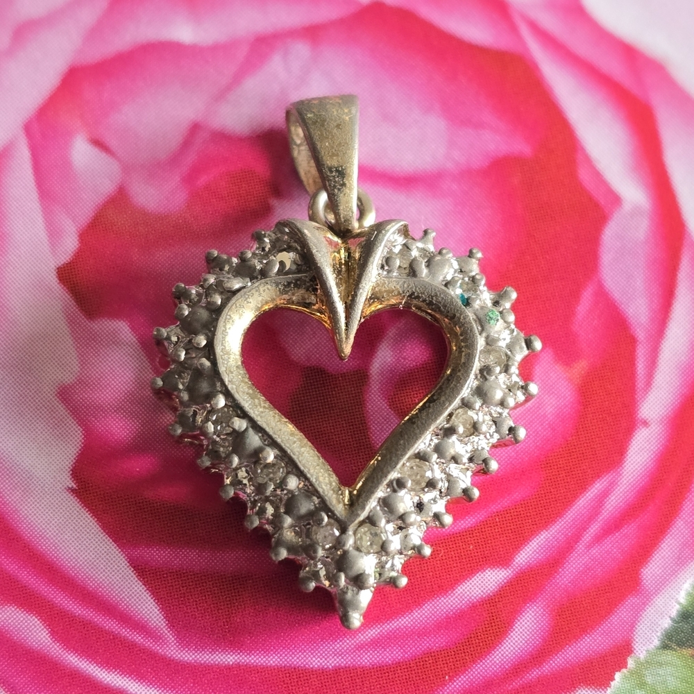 Heart pendant clear rhinestones gold tone charm valentine's day 925